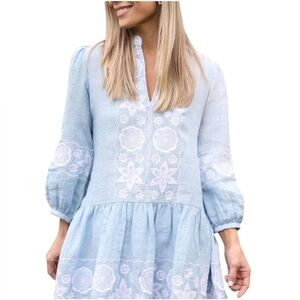 Asha linen white floral Embroidered Light Blue V-Neck Mini Dress size medium
